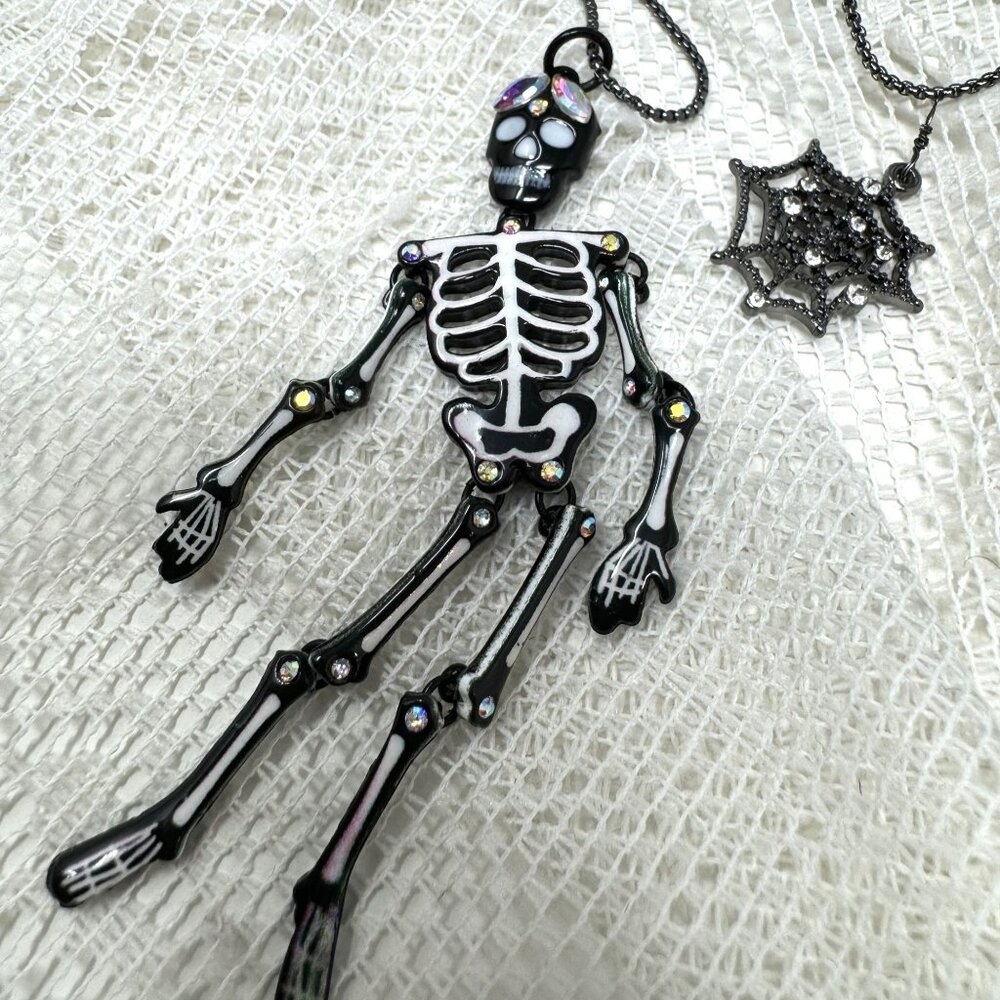 Betsey Johnson Glow In The Dark Skeleton & Spider Web Pendant Necklace - Picture 1 of 8